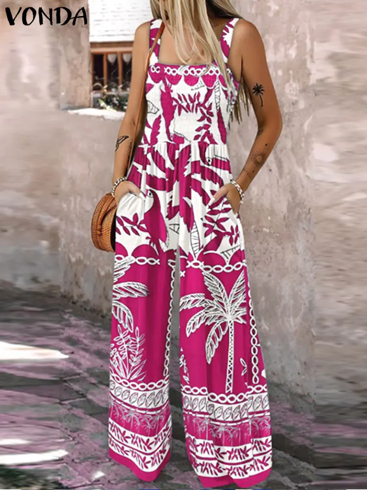 Plus Size VONDA Women Summer Jumpsuits Straps Pockets Floral Print Bohemian Long Rompers Vintage Sleeveless Overalls Playsuits