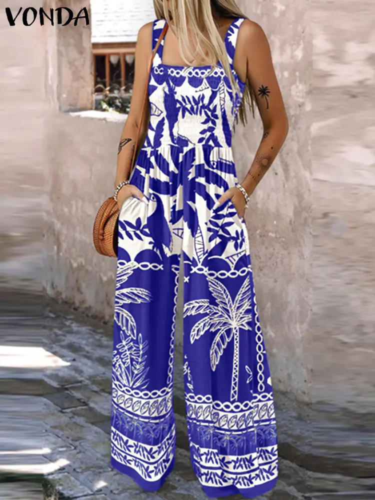 Plus Size VONDA Women Summer Jumpsuits Straps Pockets Floral Print Bohemian Long Rompers Vintage Sleeveless Overalls Playsuits