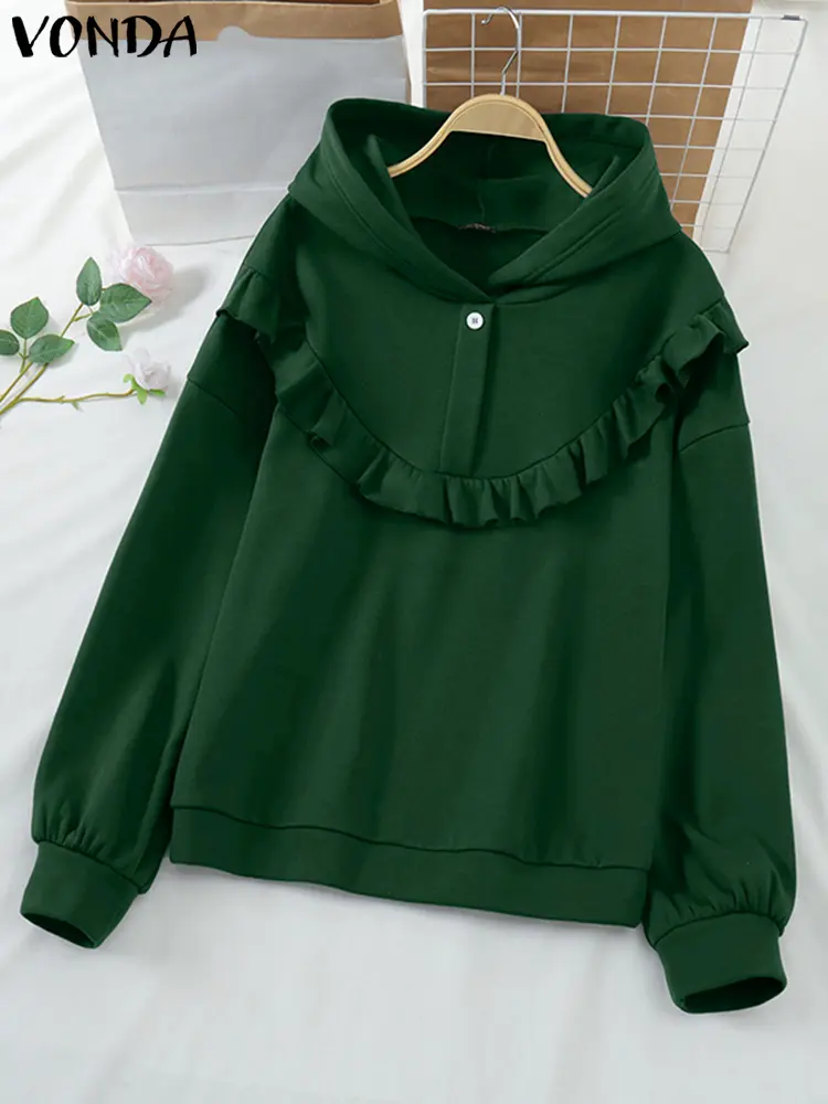 2025 Autumn Casual Loose Solid Harajuku Pullovers Women Long Sleeve Hooded Knitted Sweatshirts Ruffled Jumpers Oversized VONDA