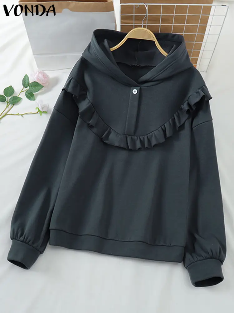 2025 Autumn Casual Loose Solid Harajuku Pullovers Women Long Sleeve Hooded Knitted Sweatshirts Ruffled Jumpers Oversized VONDA
