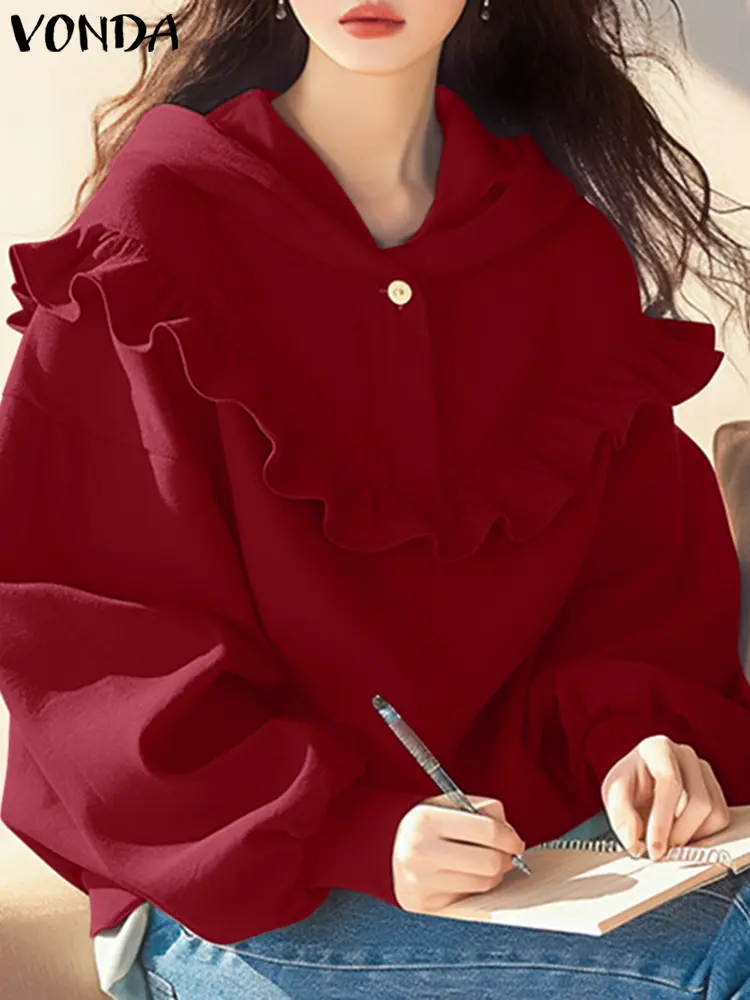 2025 Autumn Casual Loose Solid Harajuku Pullovers Women Long Sleeve Hooded Knitted Sweatshirts Ruffled Jumpers Oversized VONDA