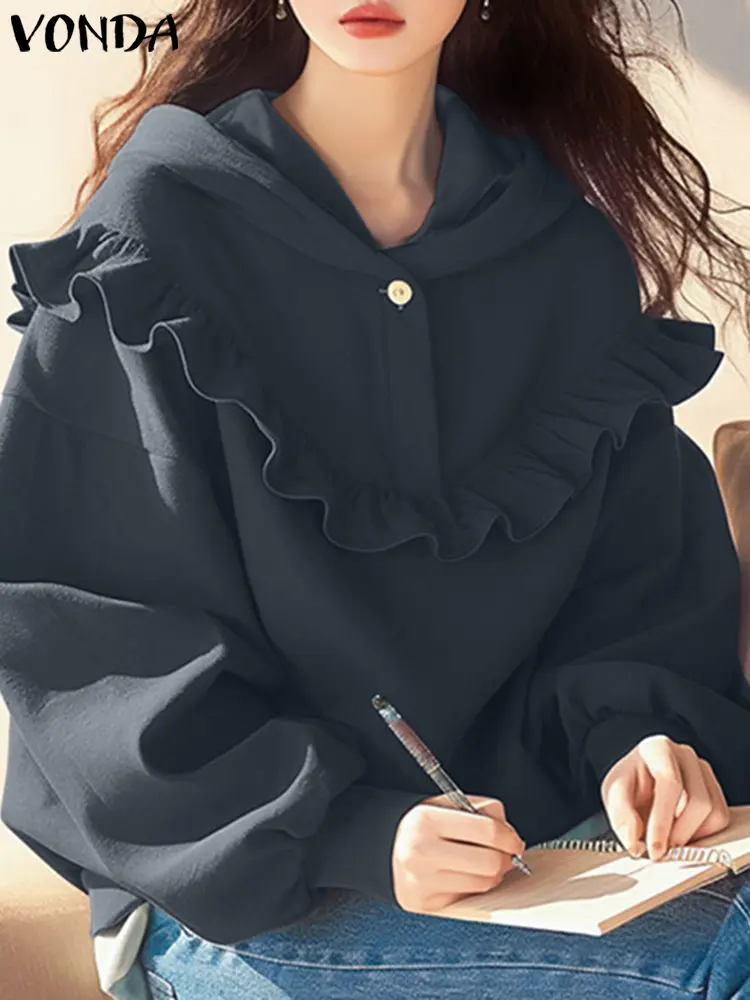 2025 Autumn Casual Loose Solid Harajuku Pullovers Women Long Sleeve Hooded Knitted Sweatshirts Ruffled Jumpers Oversized VONDA