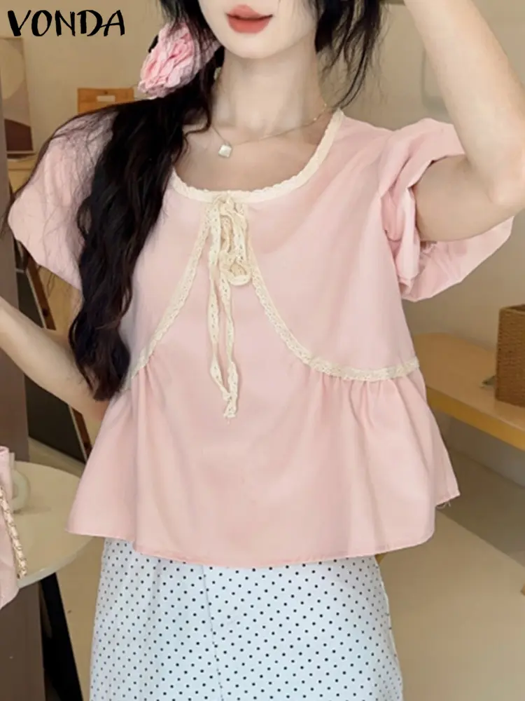 VONDA Elegant Lace Blouse 2025 Summer Tops Casual Short Puff Sleeve Bow Shirts Women Loose O-Neck Korean Blusas Fashion Tops