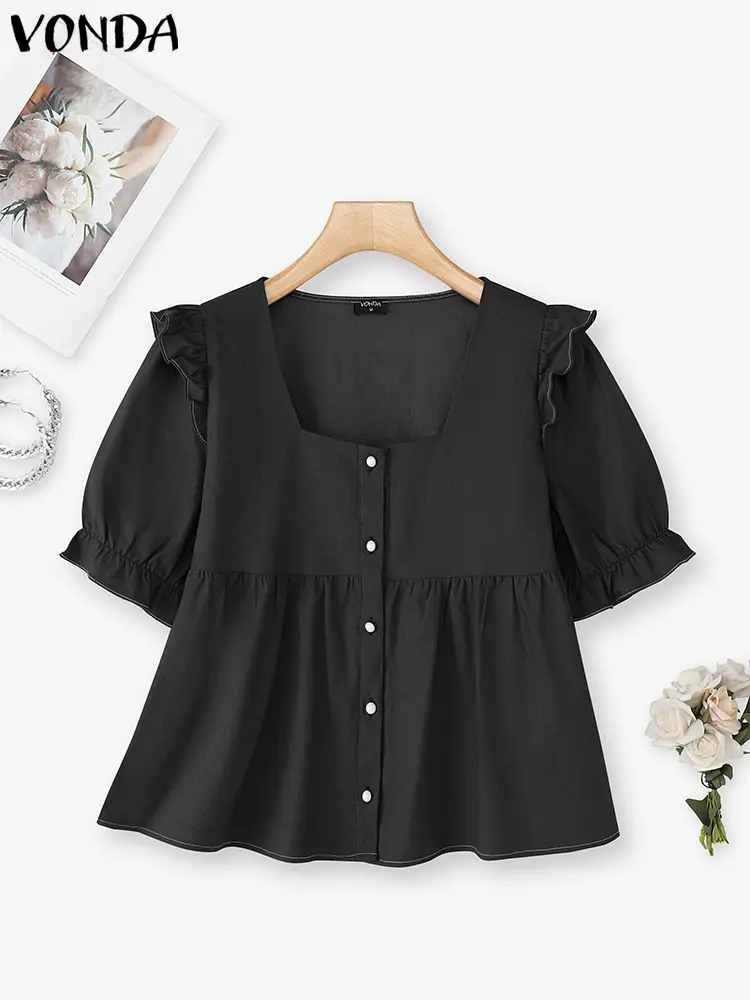 VONDA Women Fashion Blouse Sexy Square Collar Shirts 2025 Denim Short Puff Sleeve Casual Loose Solid Color Elegant Korean Blusas