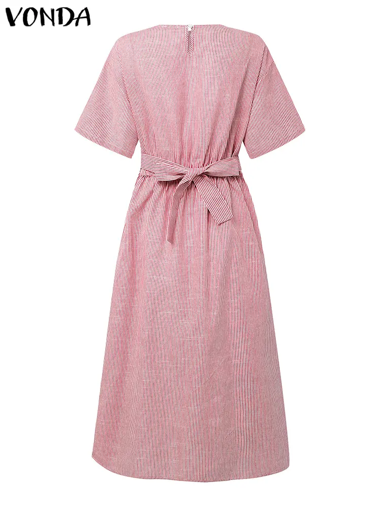 VONDA Summer Stripe Dresses Women Short Sleeve Bohemian Print Long Shirt Vestidos 2025 Fashion Pleated Korean Midi Sundress Robe