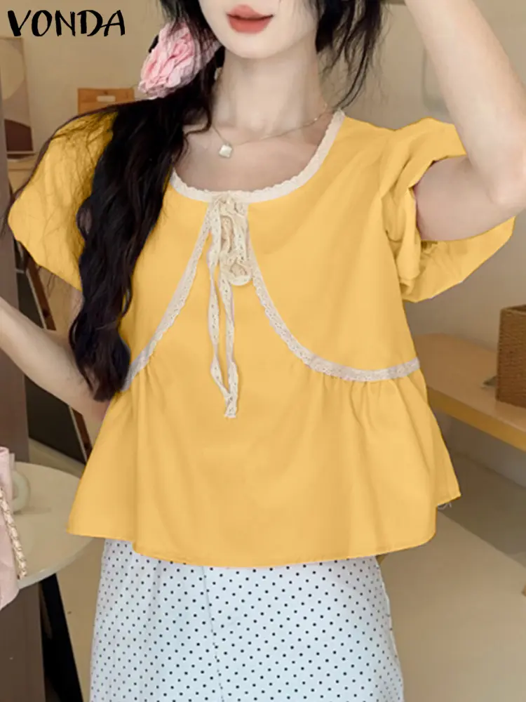 VONDA Elegant Lace Blouse 2025 Summer Tops Casual Short Puff Sleeve Bow Shirts Women Loose O-Neck Korean Blusas Fashion Tops