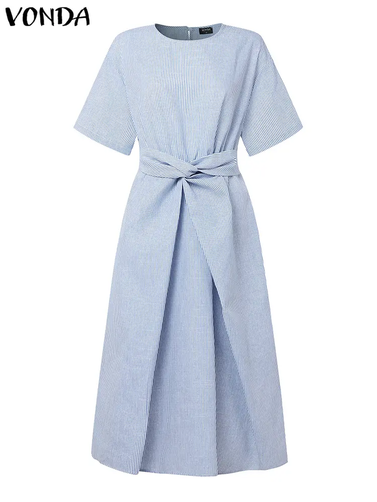 VONDA Summer Stripe Dresses Women Short Sleeve Bohemian Print Long Shirt Vestidos 2025 Fashion Pleated Korean Midi Sundress Robe
