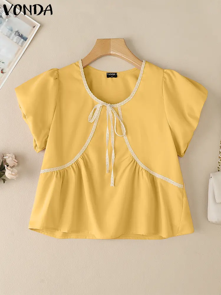VONDA Elegant Lace Blouse 2025 Summer Tops Casual Short Puff Sleeve Bow Shirts Women Loose O-Neck Korean Blusas Fashion Tops