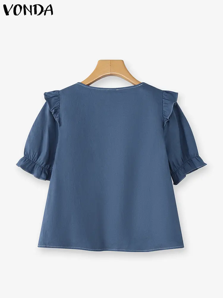 VONDA Women Fashion Blouse Sexy Square Collar Shirts 2025 Denim Short Puff Sleeve Casual Loose Solid Color Elegant Korean Blusas