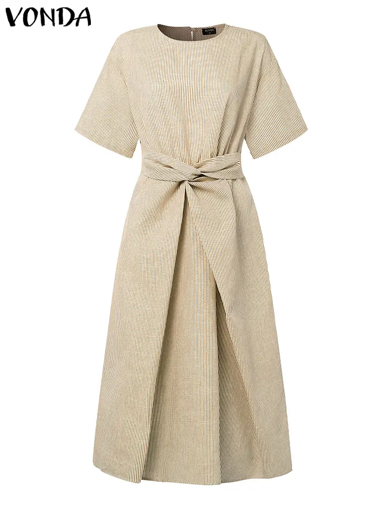 VONDA Summer Stripe Dresses Women Short Sleeve Bohemian Print Long Shirt Vestidos 2025 Fashion Pleated Korean Midi Sundress Robe
