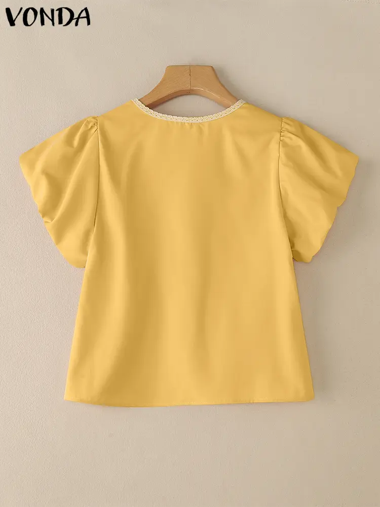 VONDA Elegant Lace Blouse 2025 Summer Tops Casual Short Puff Sleeve Bow Shirts Women Loose O-Neck Korean Blusas Fashion Tops