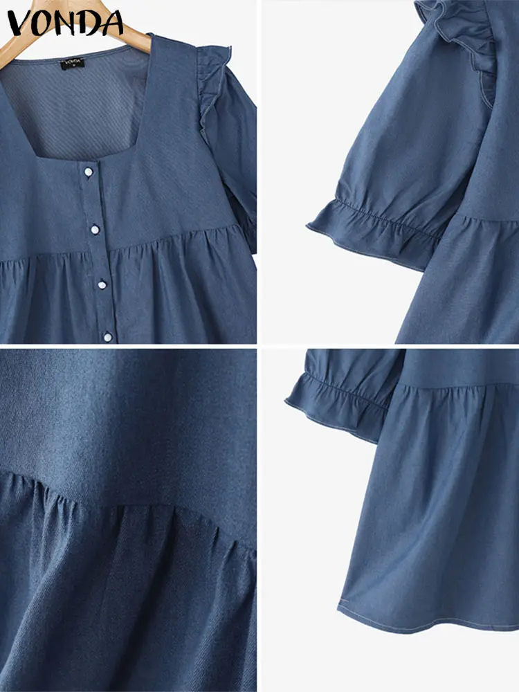 VONDA Women Fashion Blouse Sexy Square Collar Shirts 2025 Denim Short Puff Sleeve Casual Loose Solid Color Elegant Korean Blusas