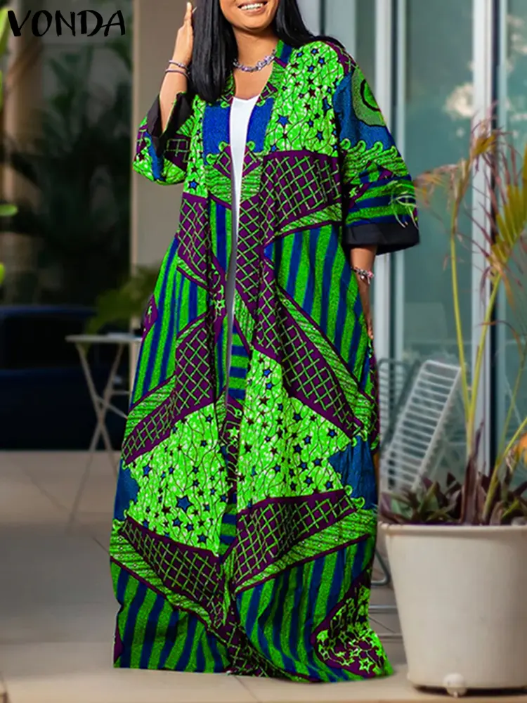 Plus Size VONDA Women Cardigans 2024 Bohemian Long Cover-ups Blouse Printed Long Sleeve Cardigans Casual Loose Elegant Shirts