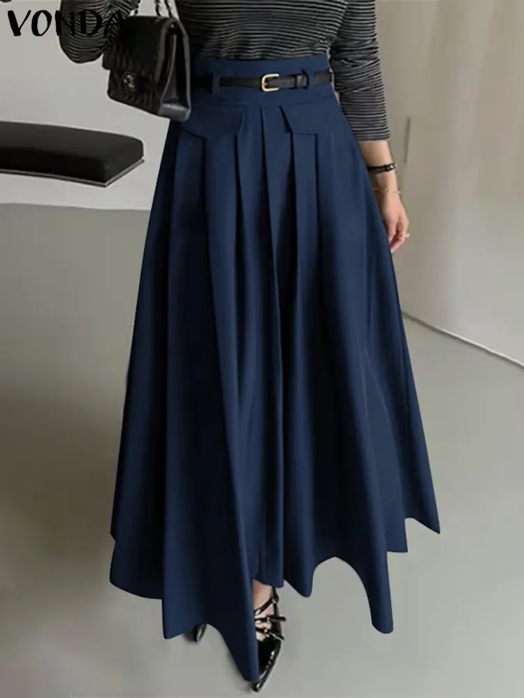 Plus Size 5XL VONDA Casual Suit Pants 2025 Elegant Solid Color Zipper High Waist Pleated Wide Leg Pants Baggy Loose Long Bottoms