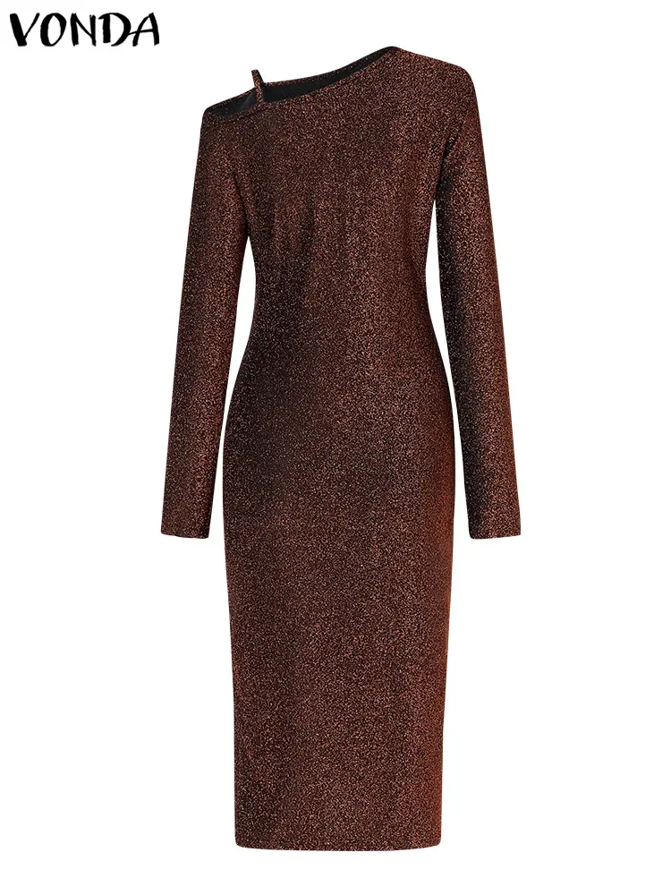 2025 VONDA Women Sexy Evening Party Dresses Shining Long Sleeve Vestidos Autumn Cold Shoulder Solid High Waist Pleated Midi Robe