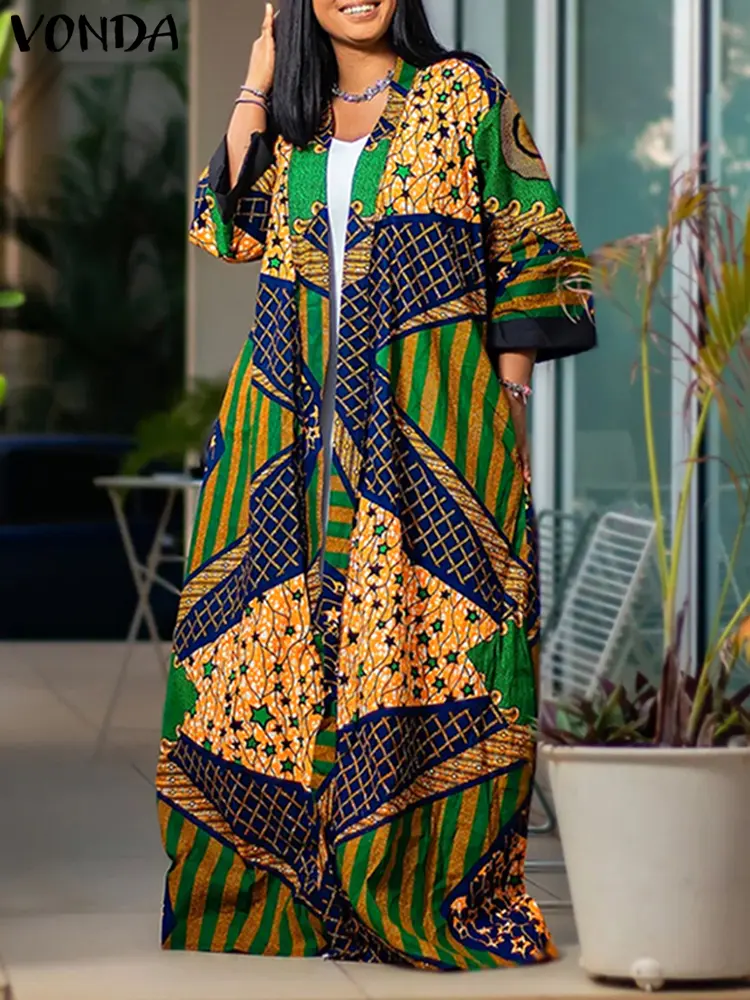 Plus Size VONDA Women Cardigans 2024 Bohemian Long Cover-ups Blouse Printed Long Sleeve Cardigans Casual Loose Elegant Shirts
