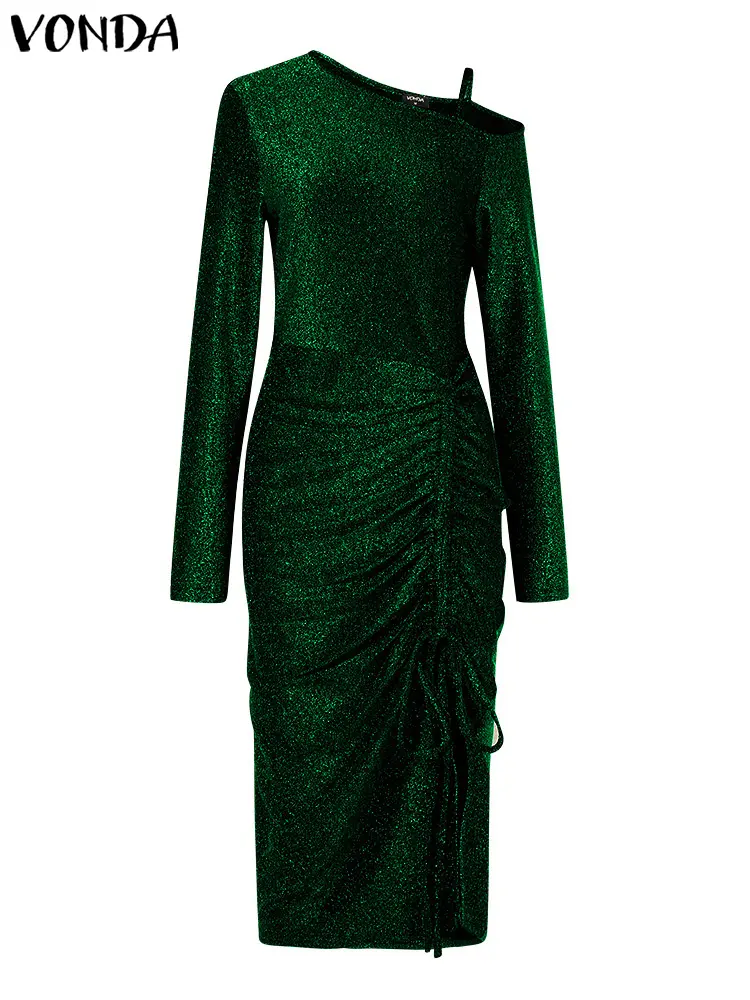 2025 VONDA Women Sexy Evening Party Dresses Shining Long Sleeve Vestidos Autumn Cold Shoulder Solid High Waist Pleated Midi Robe