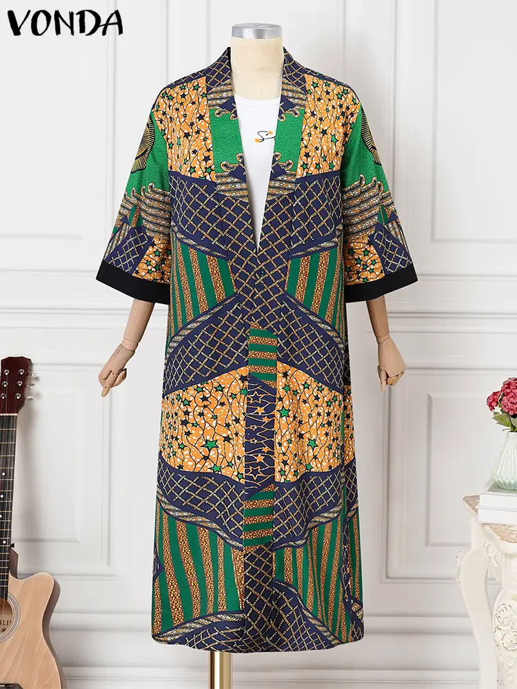 Plus Size VONDA Women Cardigans 2024 Bohemian Long Cover-ups Blouse Printed Long Sleeve Cardigans Casual Loose Elegant Shirts