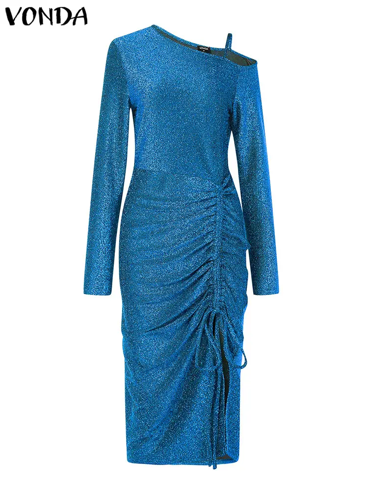 2025 VONDA Women Sexy Evening Party Dresses Shining Long Sleeve Vestidos Autumn Cold Shoulder Solid High Waist Pleated Midi Robe