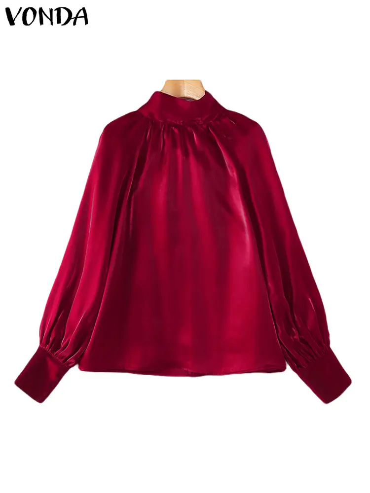 Plus Size 5XL VONDA Women Satin Shirts 2025 Bohemian Lantern Sleeve Blouses Vintage High Collar Tops Elegant Solid Color Blusas