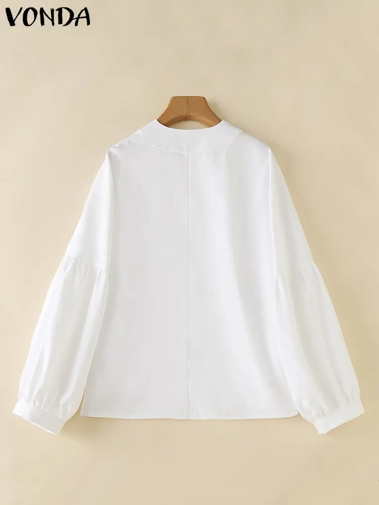 Plus Size VONDA Women Blouse Elegant Office OL Tunic 2024 Fashion V-Neck Shirts Autumn Lantern Sleeve Solid Color Tops Oversized