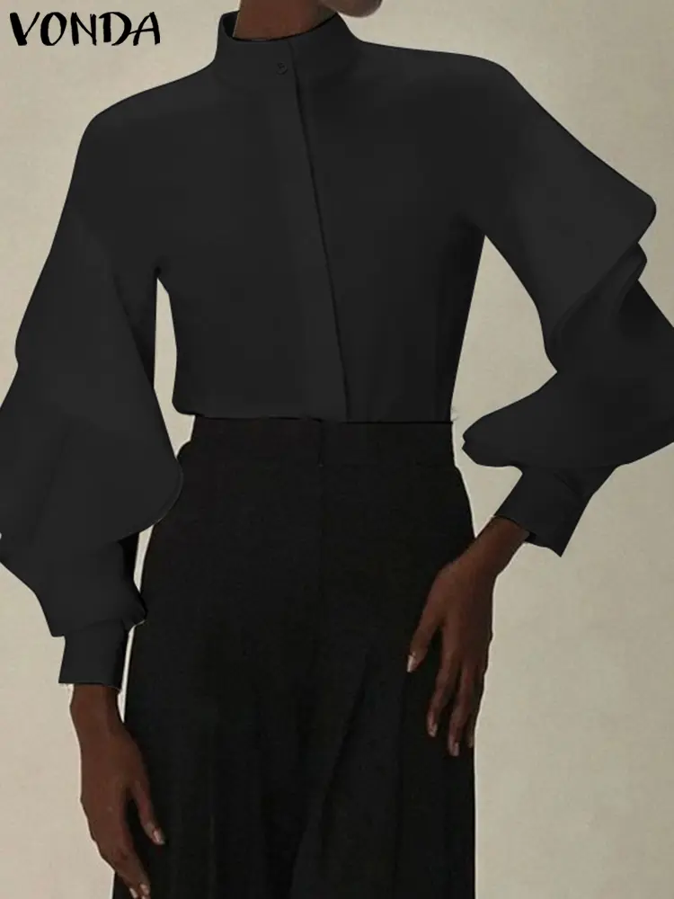 Plus Size 5XL VONDA Women Elegant Ruffled Shirts Tops 2025 Casual Loose Turtleneck Long Sleeve Blusas Female Solid Color Tunic