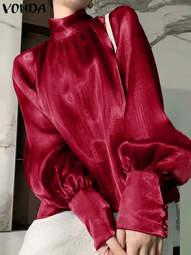 Plus Size 5XL VONDA Women Satin Shirts 2025 Bohemian Lantern Sleeve Blouses Vintage High Collar Tops Elegant Solid Color Blusas