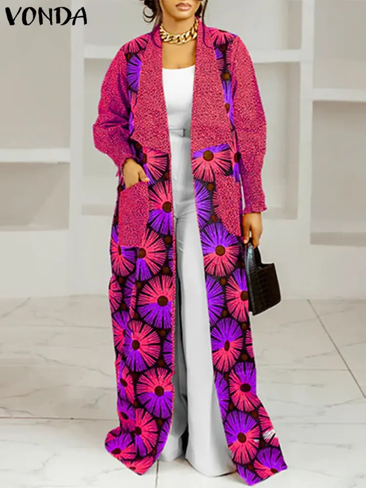 Plus Size VONDA Women Cover-ups 2024 Bohemian Printed Long Sleeve Cardigans Long Shirt Large Pockets Casual Loose Beach Top