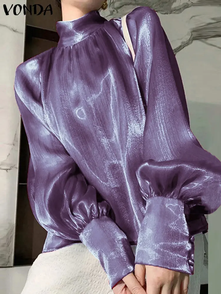 Plus Size 5XL VONDA Women Satin Shirts 2025 Bohemian Lantern Sleeve Blouses Vintage High Collar Tops Elegant Solid Color Blusas