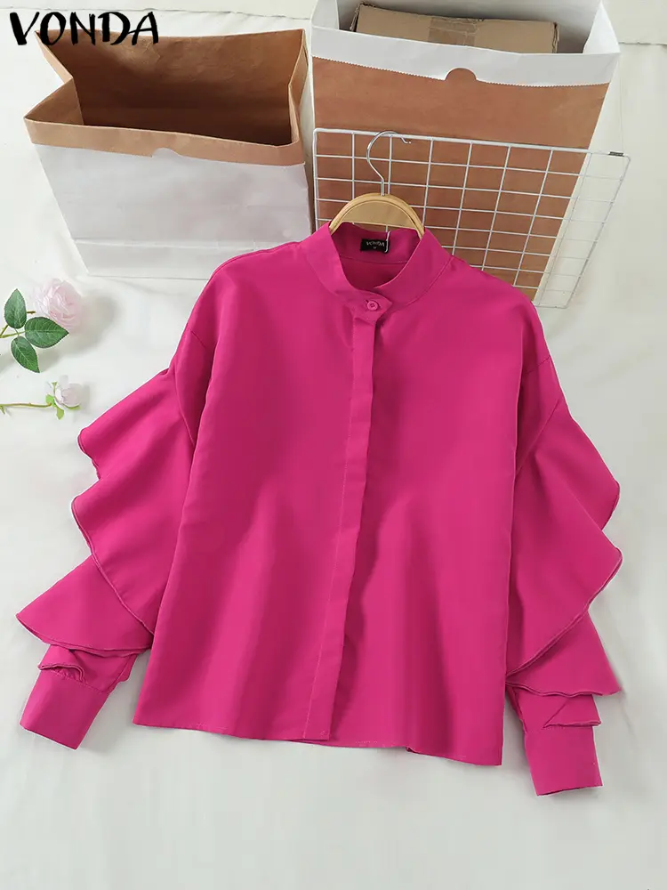 Plus Size 5XL VONDA Women Elegant Ruffled Shirts Tops 2025 Casual Loose Turtleneck Long Sleeve Blusas Female Solid Color Tunic