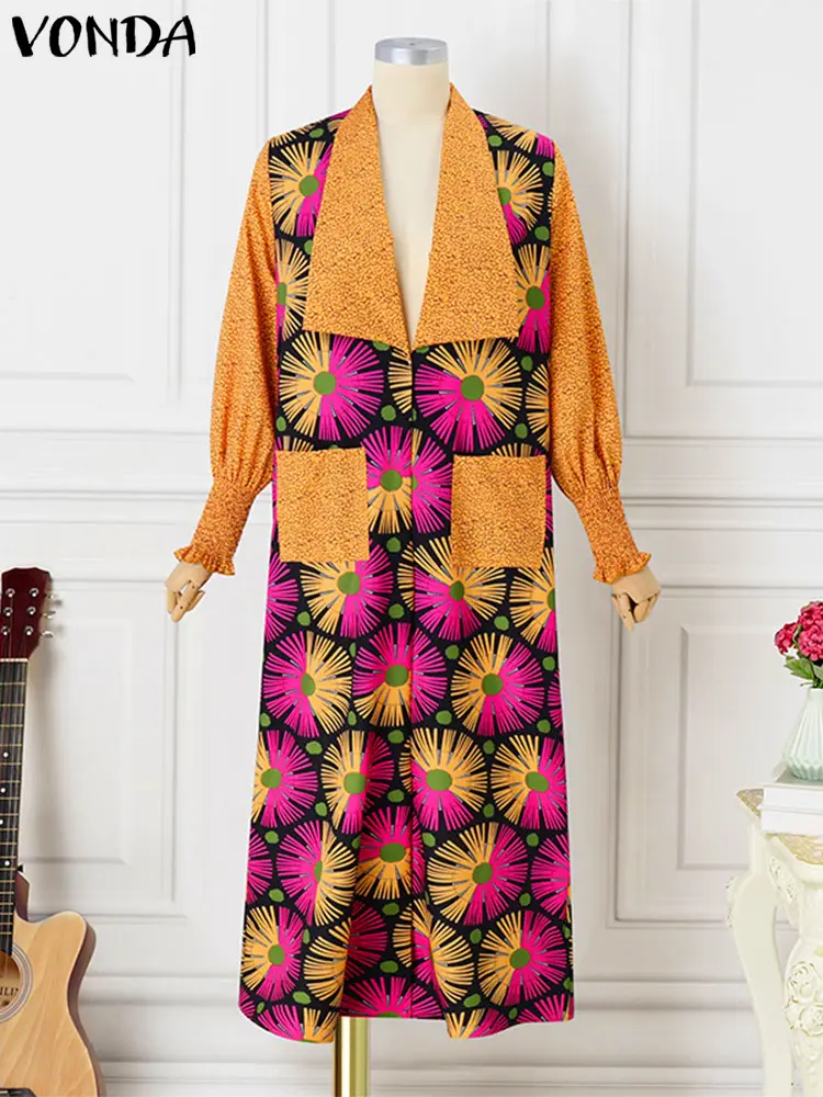 Plus Size VONDA Women Cover-ups 2024 Bohemian Printed Long Sleeve Cardigans Long Shirt Large Pockets Casual Loose Beach Top