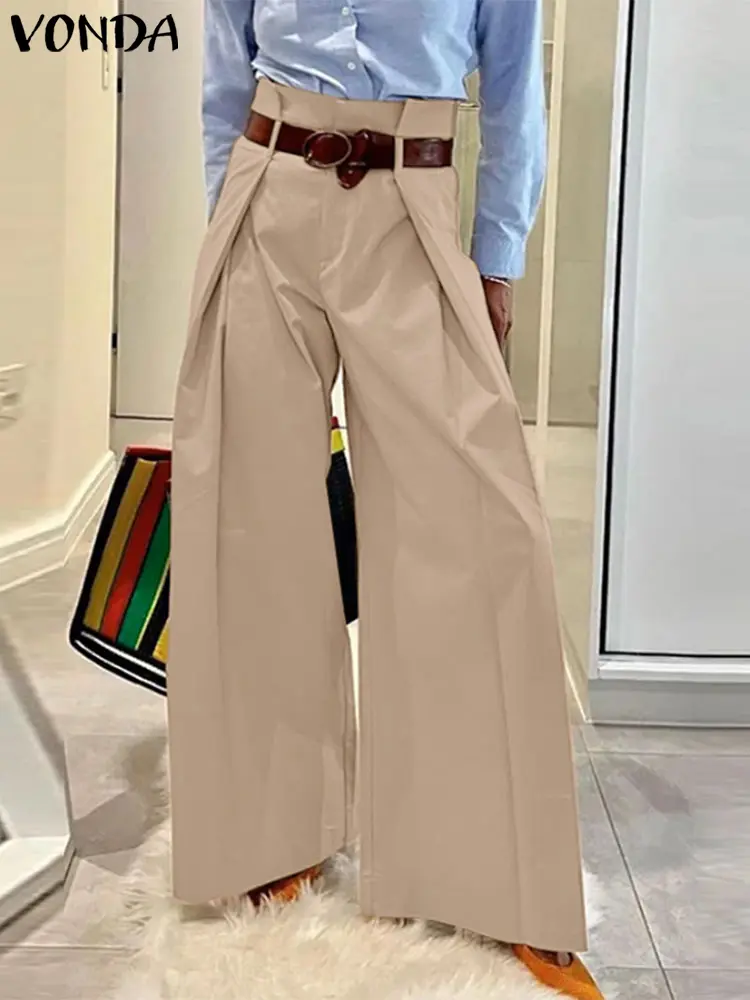 VONDA Plus Size 5XL Elegant Women Wide Leg Pants High Waist Casual Solid Long Trousers 2025 Loose OL Office Pantalons Streetwear
