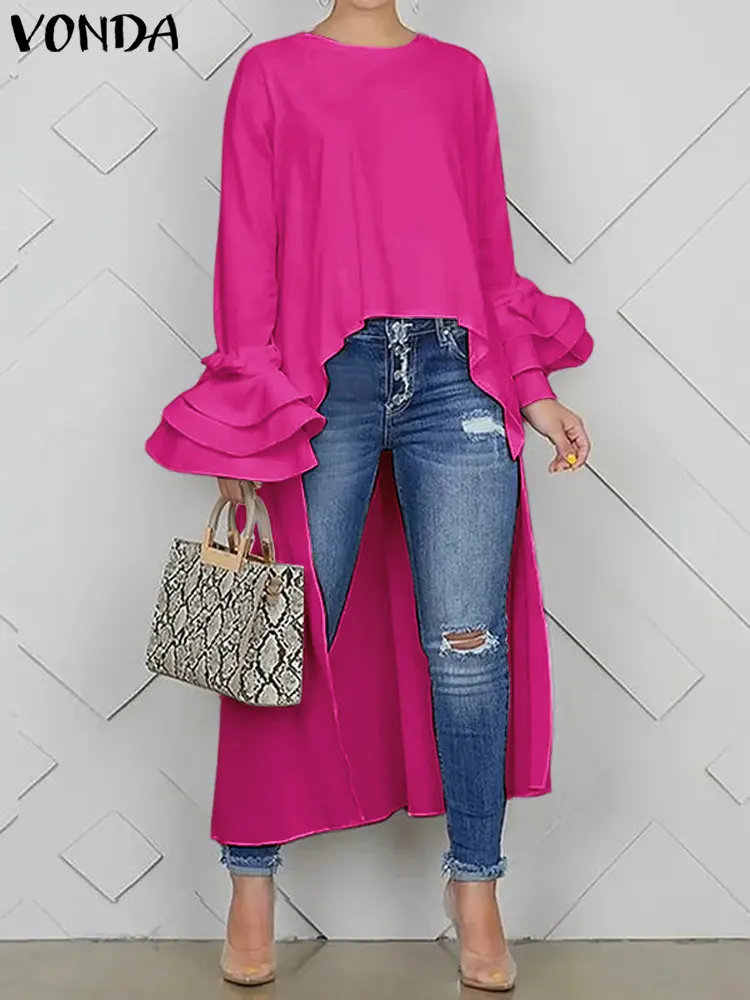 Plus Size VONDA Women Satin Silk Blouses Tops 2024 Casual Irregular Hem Tunics Elegant Flare Sleeve Solid Split Layered Blusas
