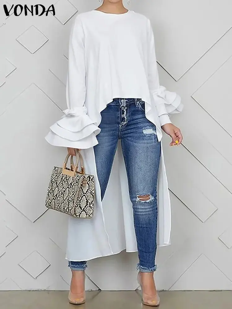 Plus Size VONDA Women Satin Silk Blouses Tops 2024 Casual Irregular Hem Tunics Elegant Flare Sleeve Solid Split Layered Blusas