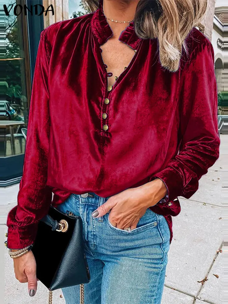 VONDA Fashion Stain Shirts Women ELegant Stand Collar Tops 2024 Long Sleeve Causal Solid Color Office Lady Blouses