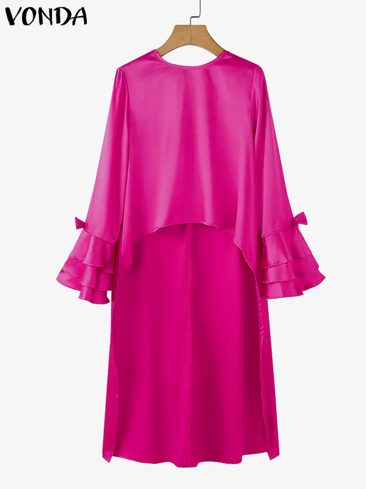 Plus Size VONDA Women Satin Silk Blouses Tops 2024 Casual Irregular Hem Tunics Elegant Flare Sleeve Solid Split Layered Blusas