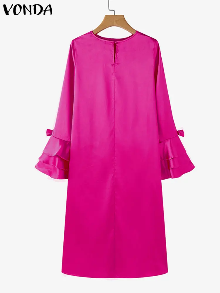 Plus Size VONDA Women Satin Silk Blouses Tops 2024 Casual Irregular Hem Tunics Elegant Flare Sleeve Solid Split Layered Blusas