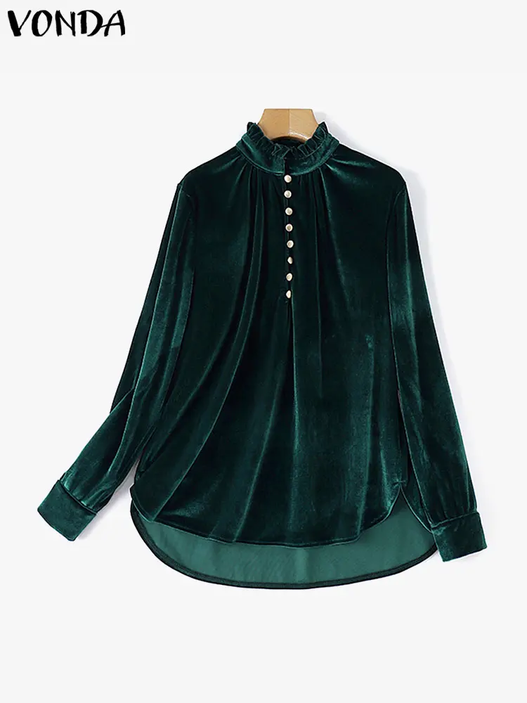 VONDA Fashion Stain Shirts Women ELegant Stand Collar Tops 2024 Long Sleeve Causal Solid Color Office Lady Blouses