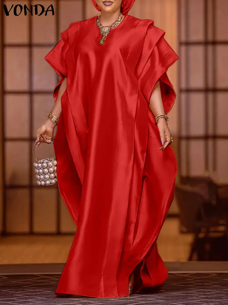 VONDA Plus Size Women Maxi Dress 2025 Summer Elegant Short Sleeve Ruffled Satin Party Sundress Casual Loose Solid Robe Femme