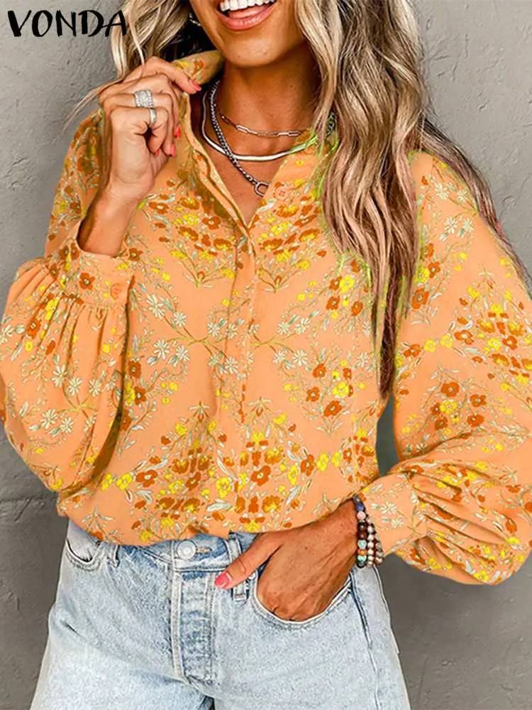 VONDA Plus Size Women Printed Shirts 2024 Women Elegant OL Blouses Casual Loose Tops Tunic Sexy Lapel Neck Party Shirts Blusas