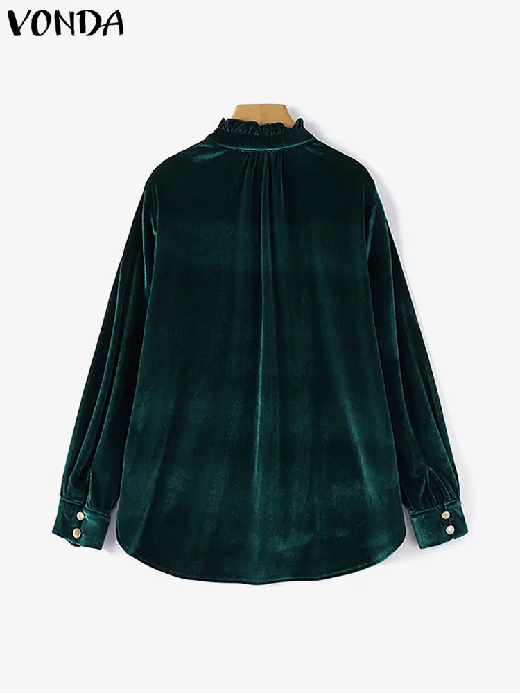 VONDA Fashion Stain Shirts Women ELegant Stand Collar Tops 2024 Long Sleeve Causal Solid Color Office Lady Blouses