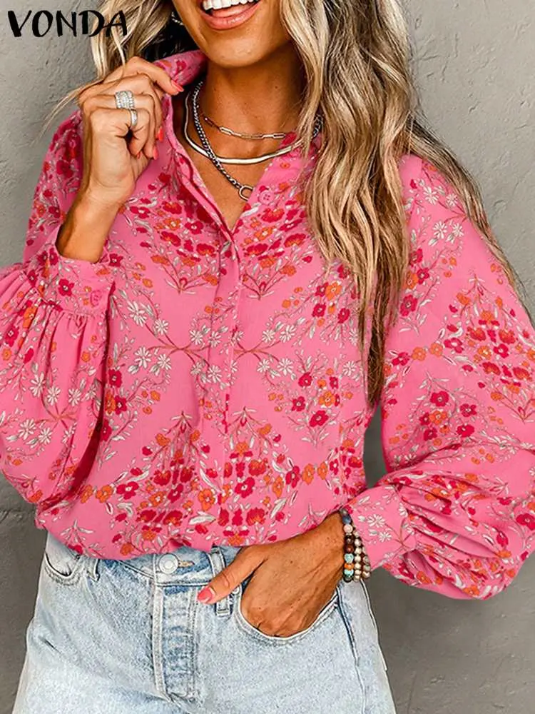 VONDA Plus Size Women Printed Shirts 2024 Women Elegant OL Blouses Casual Loose Tops Tunic Sexy Lapel Neck Party Shirts Blusas