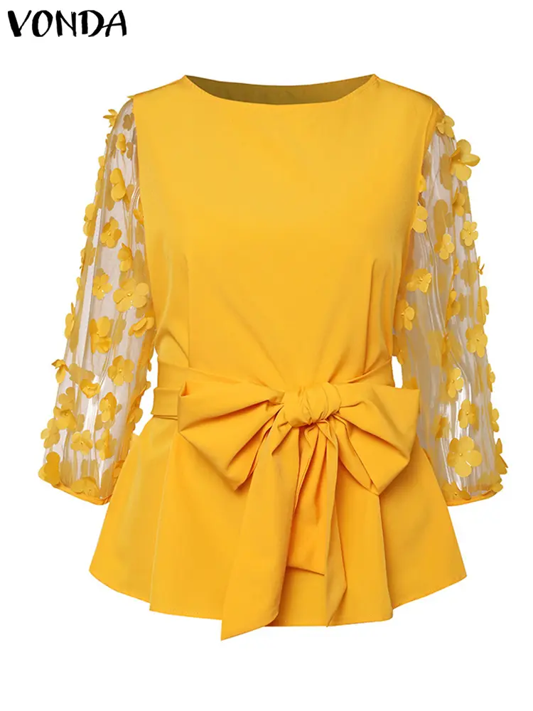 Plus Size 5XL VONDA Women Tops Blouses 2024 Summer Bohemian Patchwork Belted Mesh Blusas Casual Flowers Loose Shirt Oversize