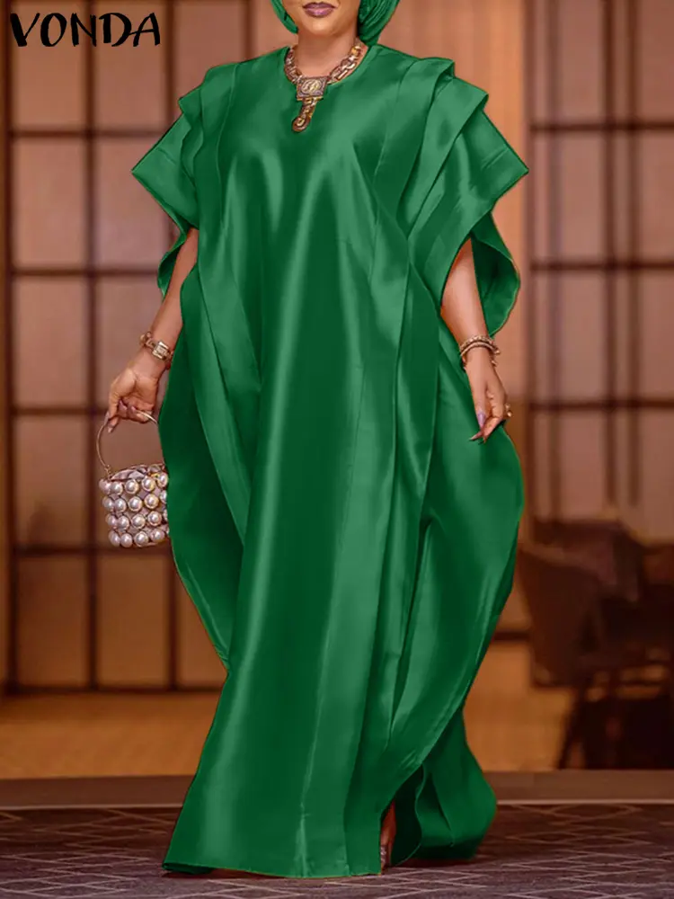 VONDA Plus Size Women Maxi Dress 2025 Summer Elegant Short Sleeve Ruffled Satin Party Sundress Casual Loose Solid Robe Femme