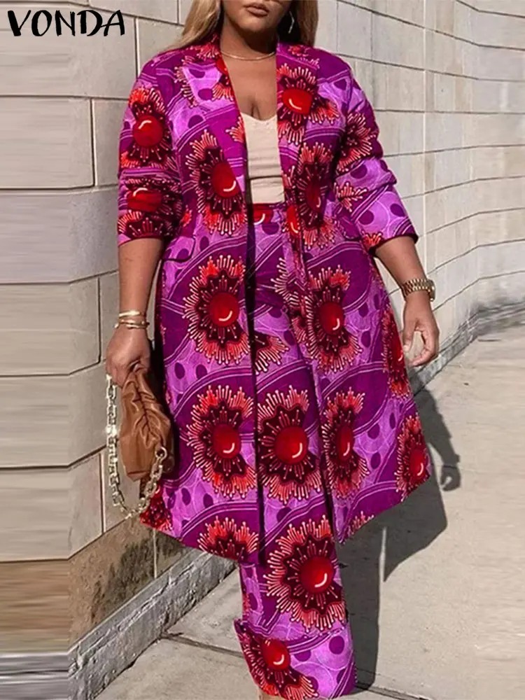Plus Size VONDA Women Elegant Long Sleeve Printing Two Piece Sets 2024 Holiday Bohemian Outfits Fashion Casual Simple 2pc Suits