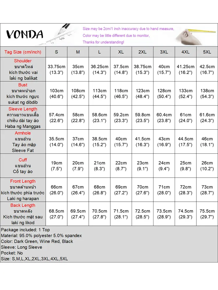 VONDA Fashion Stain Shirts Women ELegant Stand Collar Tops 2024 Long Sleeve Causal Solid Color Office Lady Blouses