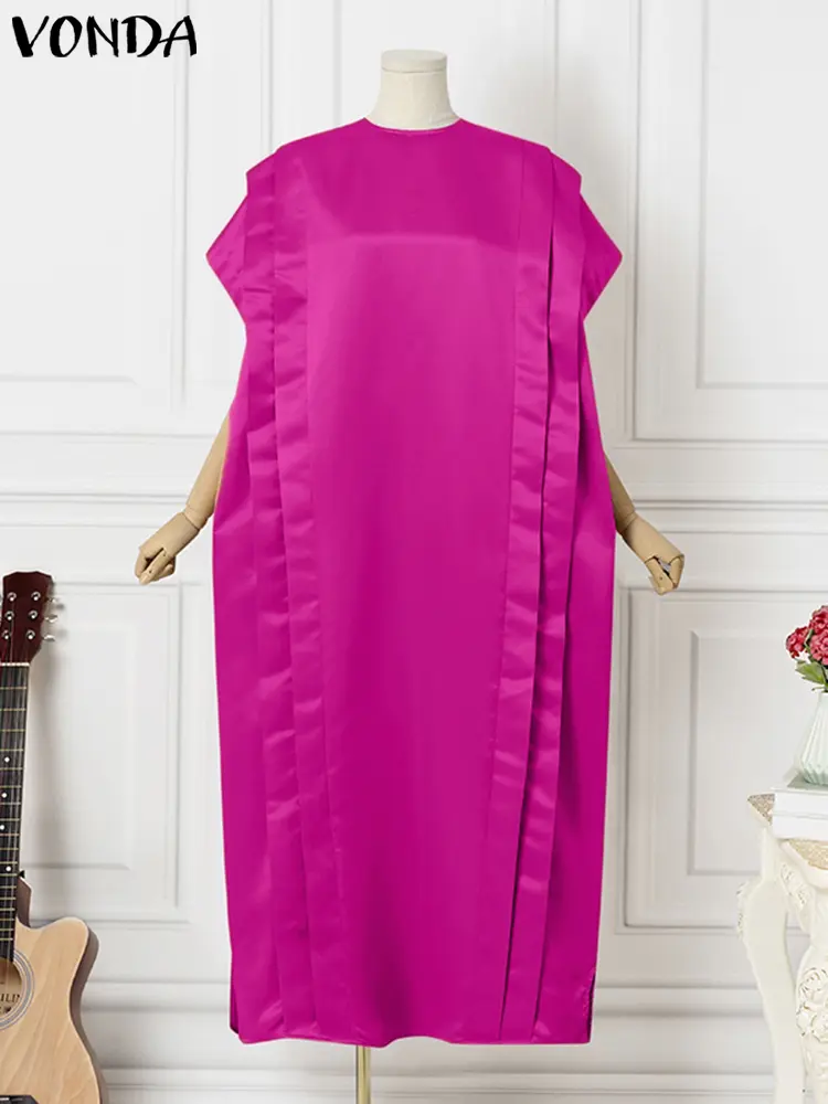VONDA Plus Size Women Maxi Dress 2025 Summer Elegant Short Sleeve Ruffled Satin Party Sundress Casual Loose Solid Robe Femme