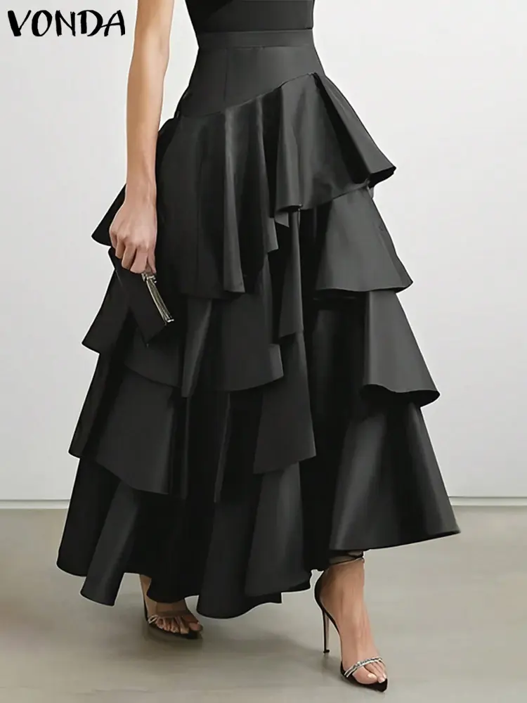 VONDA Plus Size Women Ruffled Hem Skirt 2024 Street High Waist Fashion Multi Layered Party Long Maxi Skirts Elegant Swing Bottom