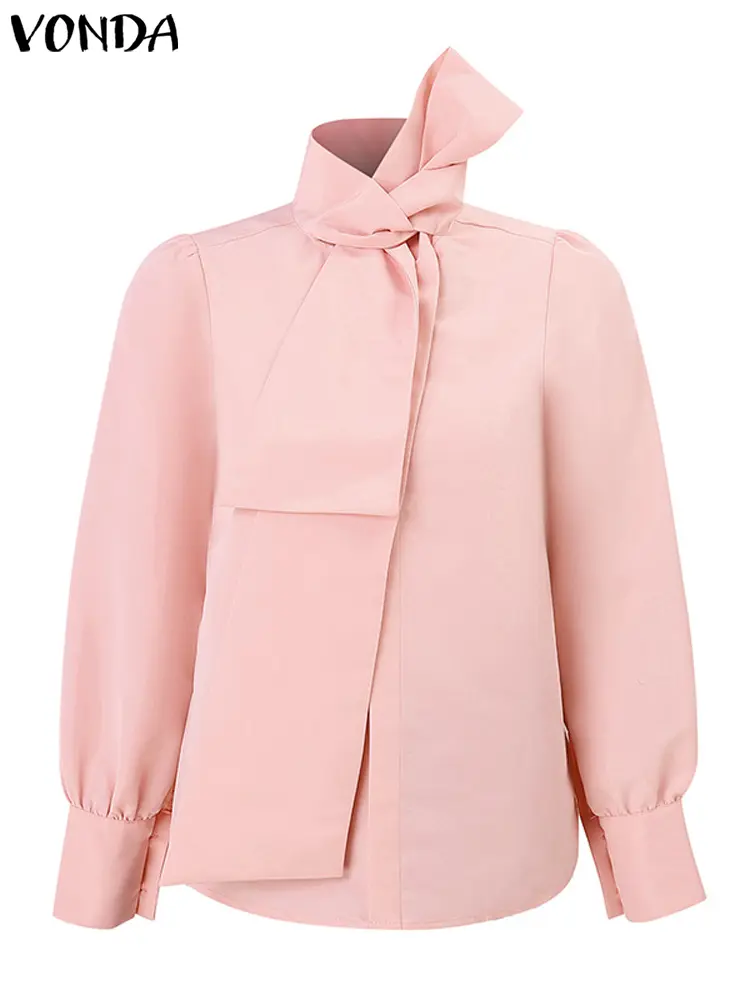 VONDA Women Elegant Tops Blouses Solid Color Casual Necktie Bow Collar Shirts 2024 Long Sleeve Oversized Tunic Blusas Streetwear