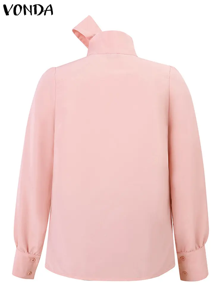 VONDA Women Elegant Tops Blouses Solid Color Casual Necktie Bow Collar Shirts 2024 Long Sleeve Oversized Tunic Blusas Streetwear